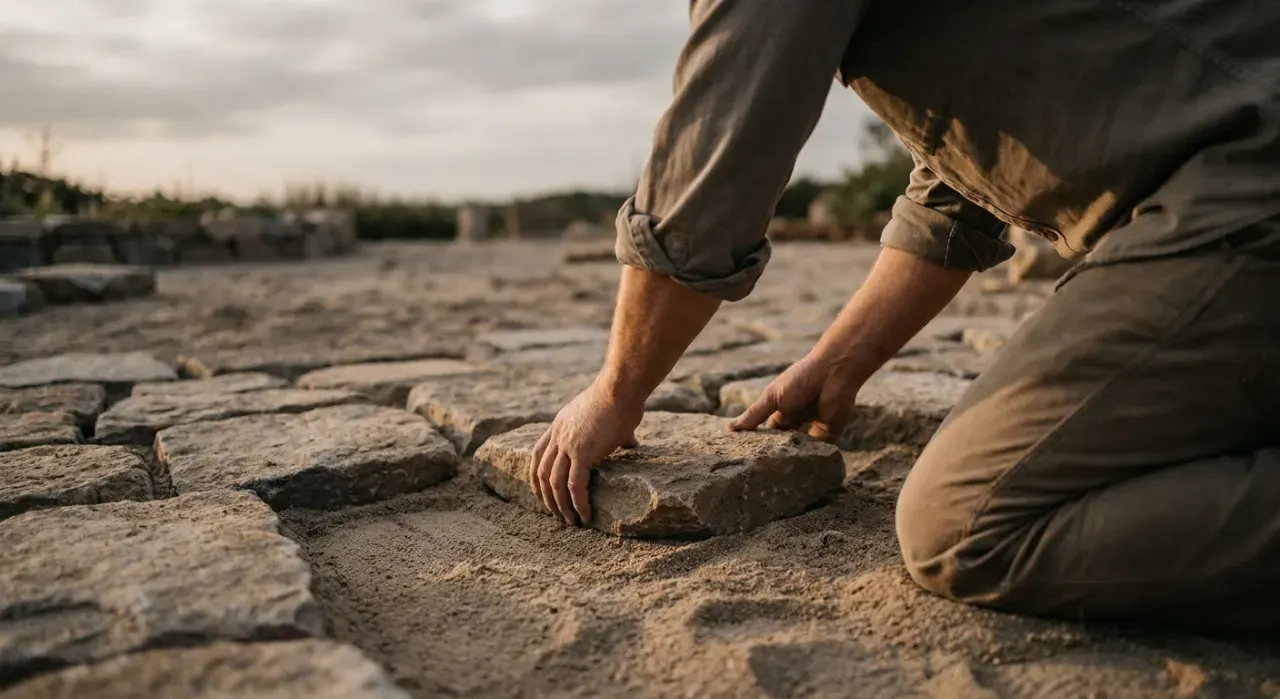 Golden-hour view of a person laying a stone paver into a sand base while building a garden path