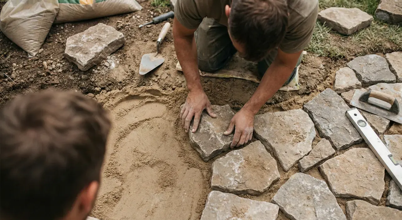 Overhead view of a person laying a stone paver into a sand base while building a garden path, in soft overcast light