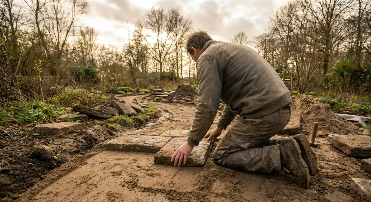 Wide environmental view of a person laying a stone paver into a sand base while building a garden path, in soft overcast light