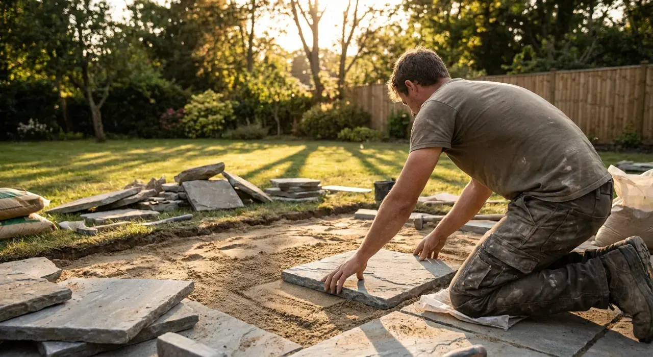 Wide view of a person laying a stone paver into a sand base while building a garden path, in warm late-afternoon light