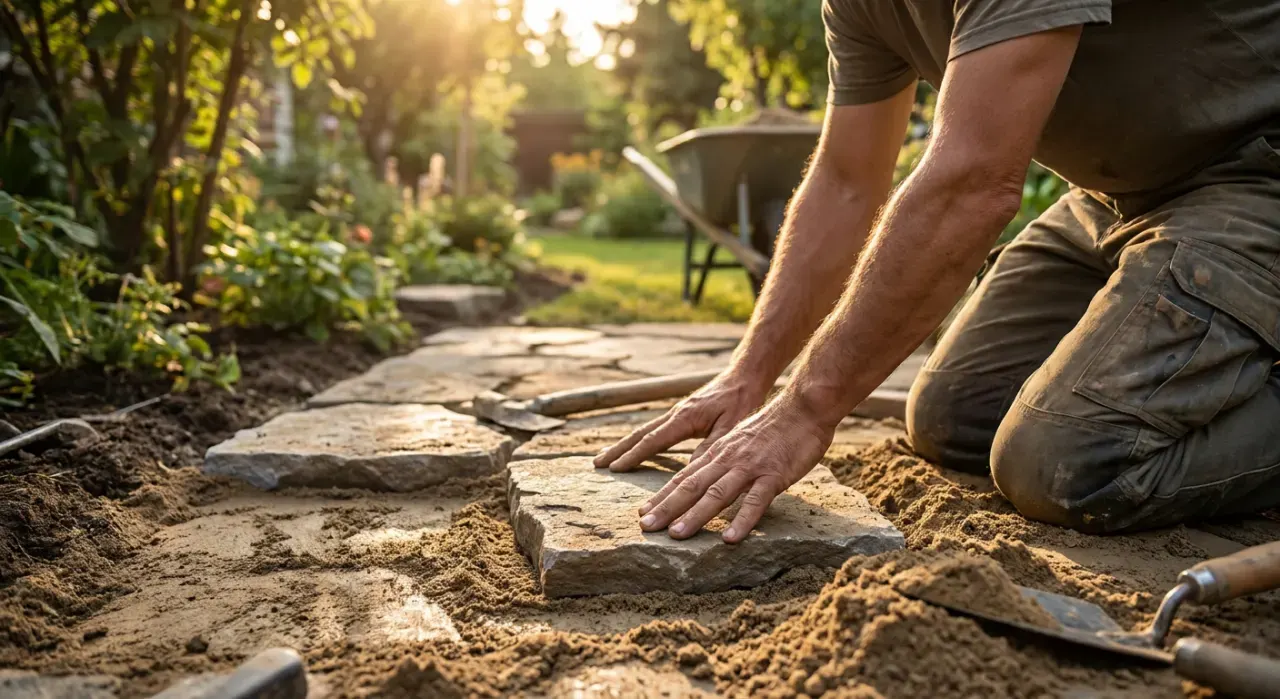 Over-the-shoulder view of a person laying a stone paver into a sand base while building a garden path, in warm late-afternoon light