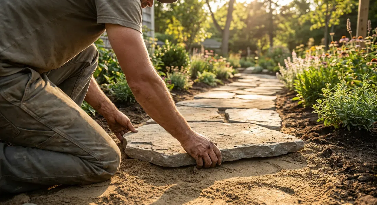 Three-quarter view of a person laying a stone paver into a sand base while building a garden path, in warm late-afternoon light
