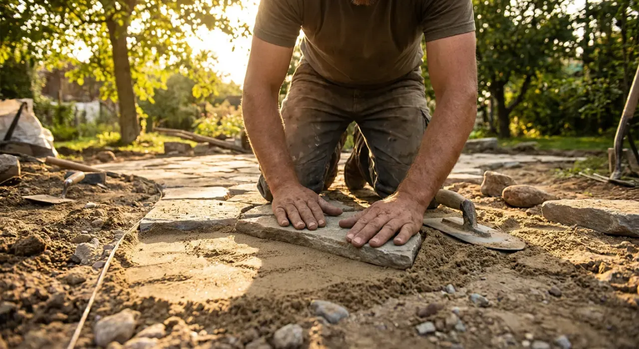 Low-angle view of a person laying a stone paver into a sand base while building a garden path, in warm late-afternoon light