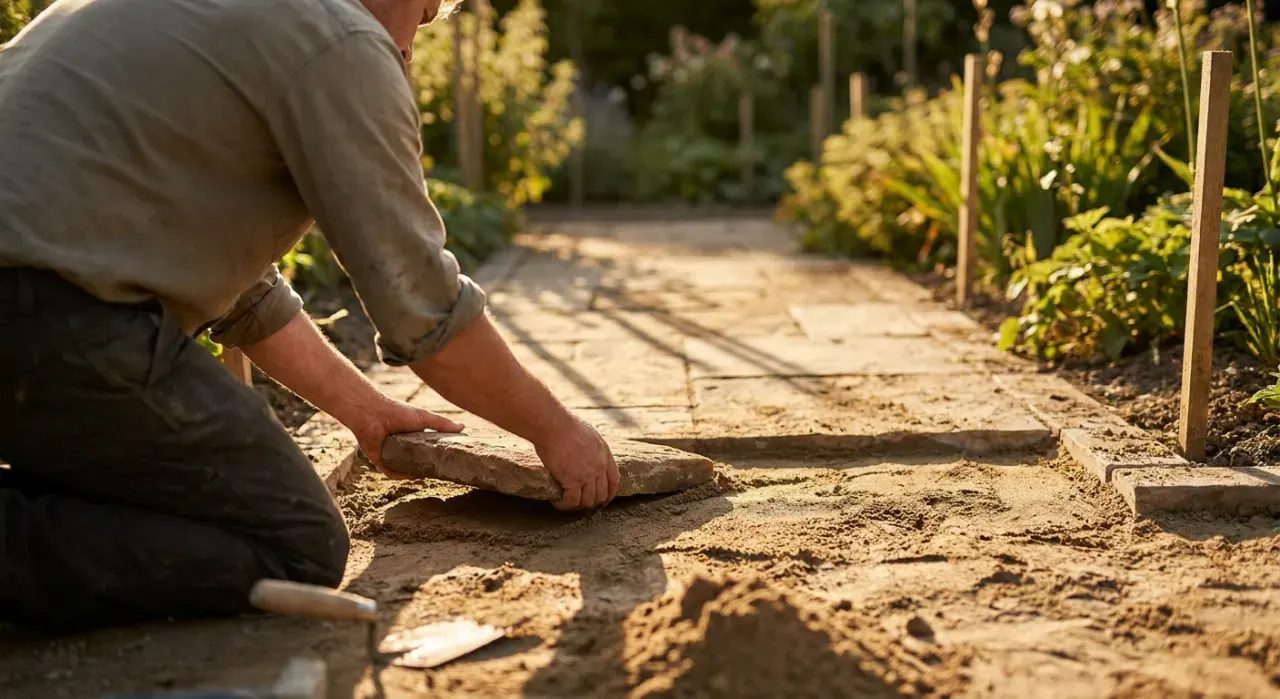 Golden-hour view of a person laying a stone paver into a sand base while building a garden path