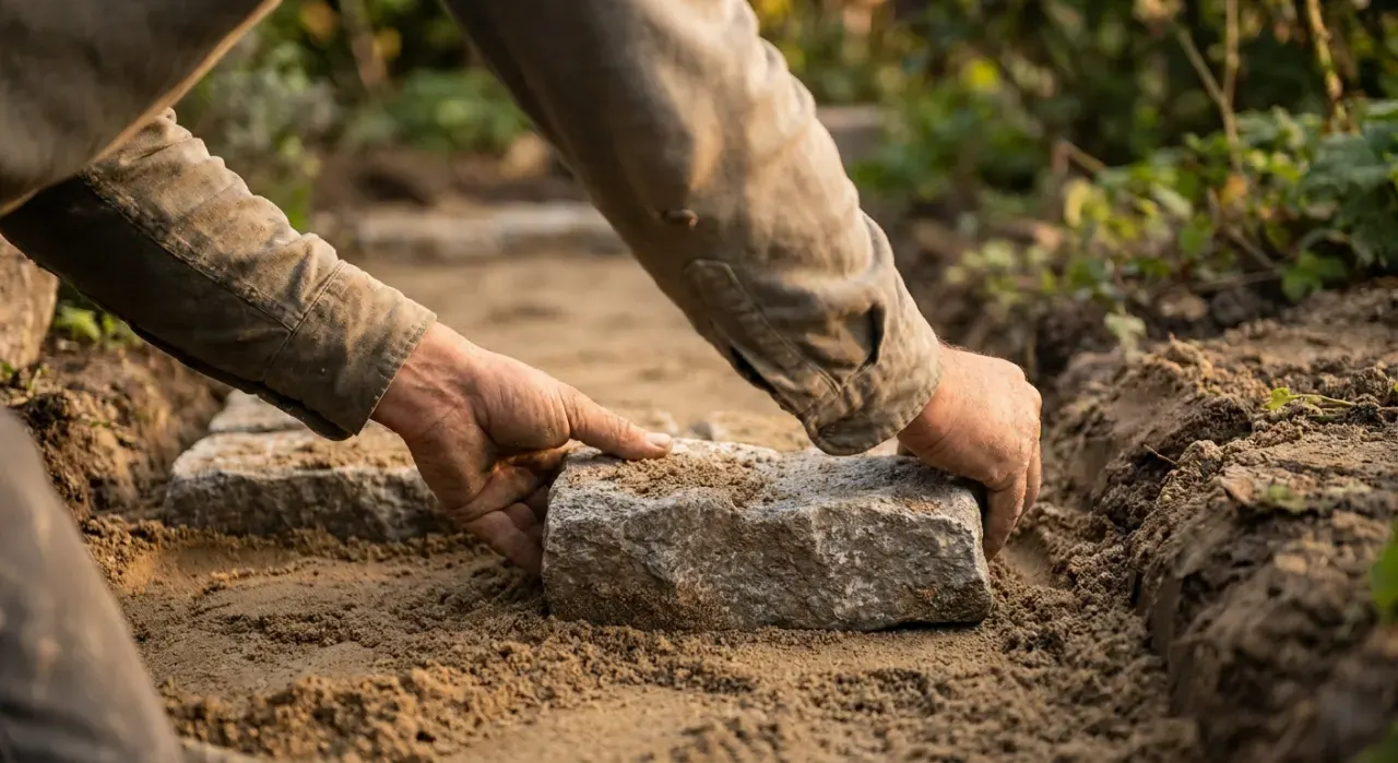 Close-up detail of the material being worked in a landscaping & hardscaping project, in warm late-afternoon light