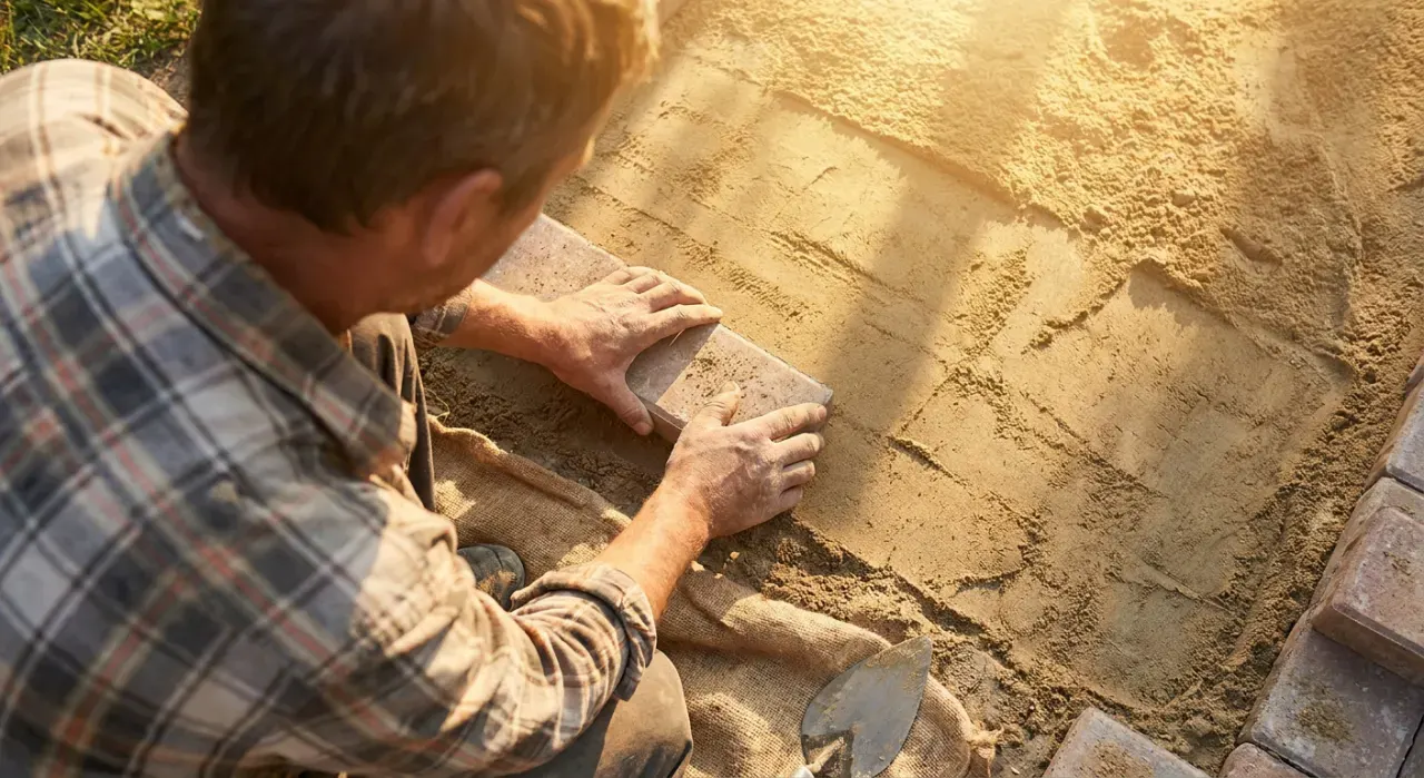 Overhead view of a person laying a stone paver into a sand base while building a garden path, in warm late-afternoon light
