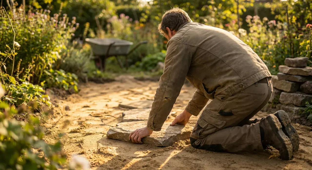 Wide environmental view of a person laying a stone paver into a sand base while building a garden path, in warm late-afternoon light