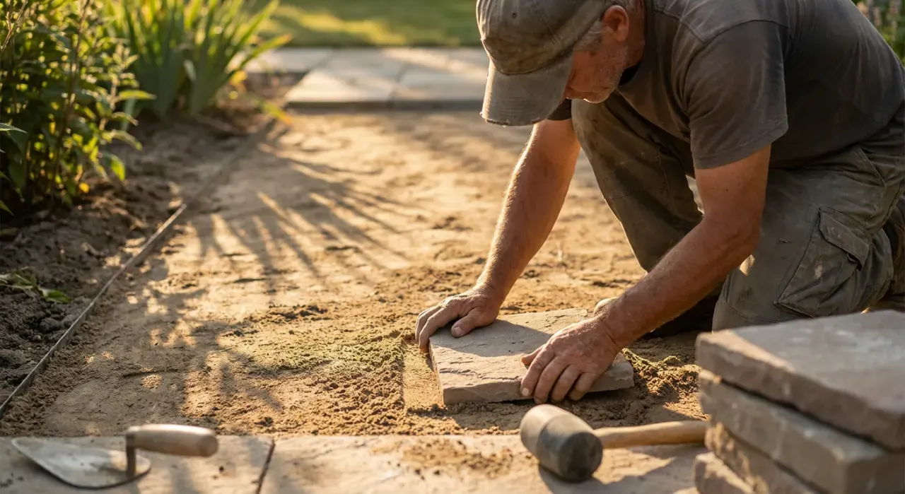 Golden-hour view of a person laying a stone paver into a sand base while building a garden path