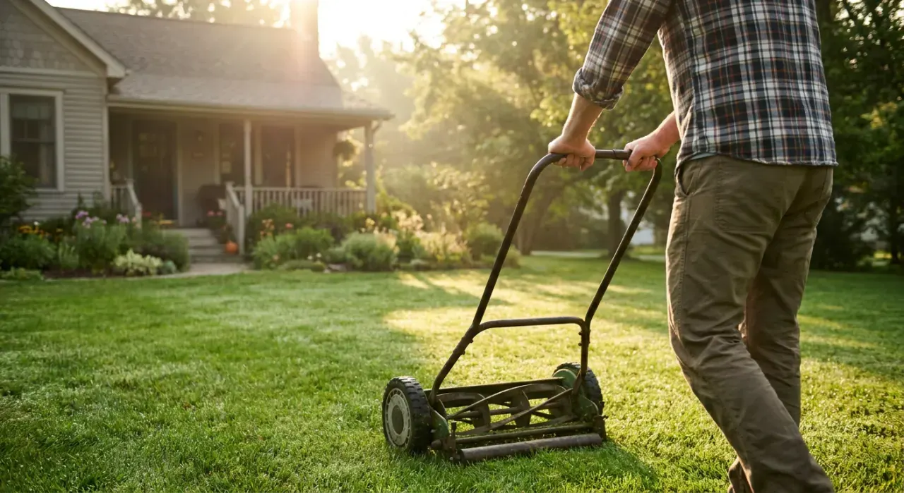 Wide view of a person pushing a lawn mower across a green suburban lawn, in soft early-morning light