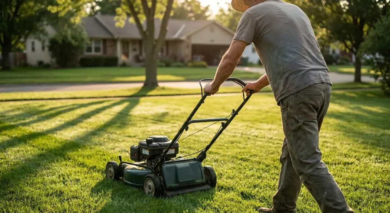 Golden-hour view of a person pushing a lawn mower across a green suburban lawn