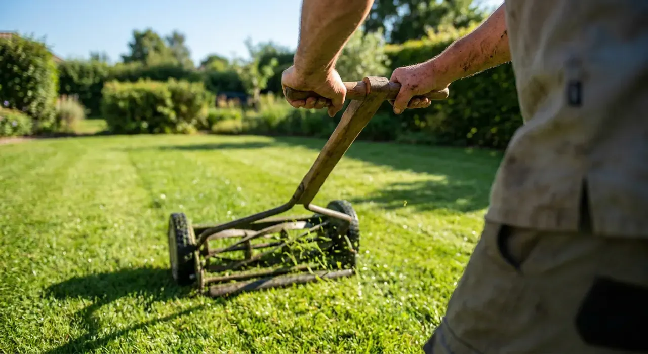 Close-up detail of the material being worked in a lawn care & mowers project, in bright midday sun