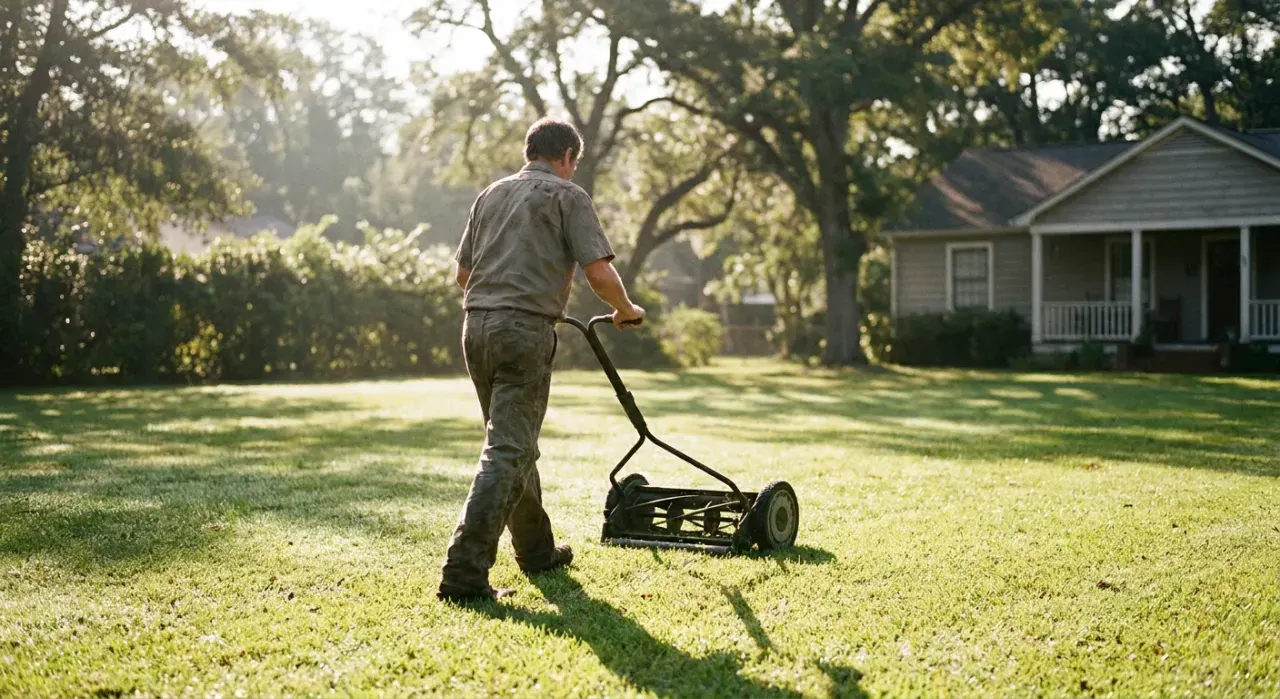 Wide environmental view of a person pushing a lawn mower across a green suburban lawn, in bright midday sun