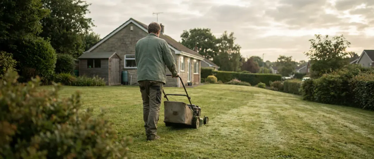 Wide view of a person pushing a lawn mower across a green suburban lawn, in soft overcast light