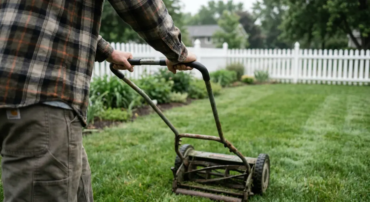 Over-the-shoulder view of a person pushing a lawn mower across a green suburban lawn, in soft overcast light