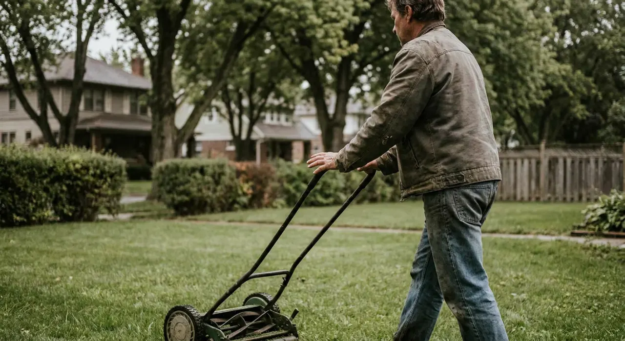Three-quarter view of a person pushing a lawn mower across a green suburban lawn, in soft overcast light