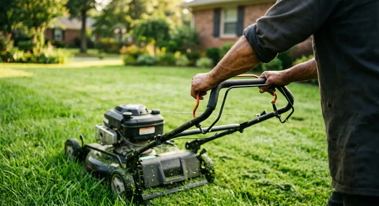 Over-the-shoulder view of a person pushing a lawn mower across a green suburban lawn, in soft early-morning light