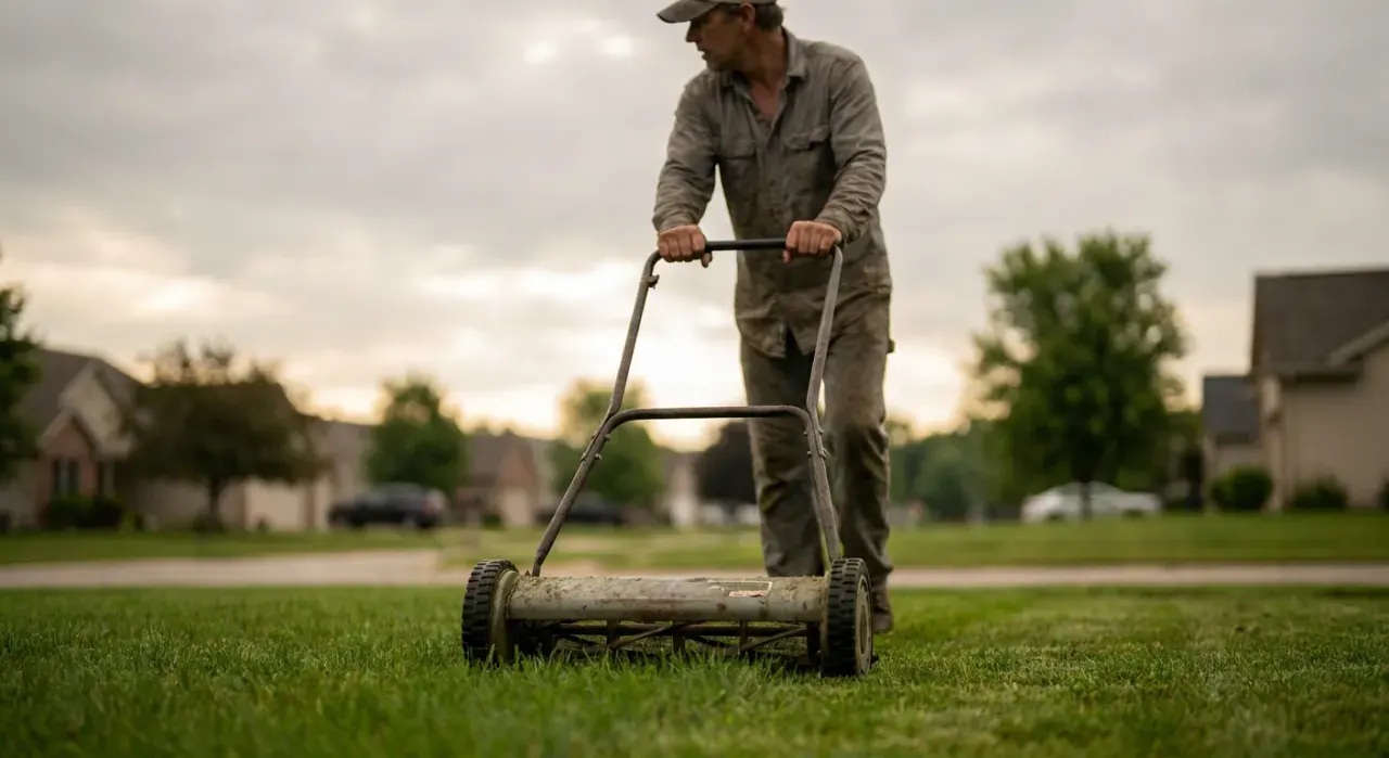 Low-angle view of a person pushing a lawn mower across a green suburban lawn, in soft overcast light