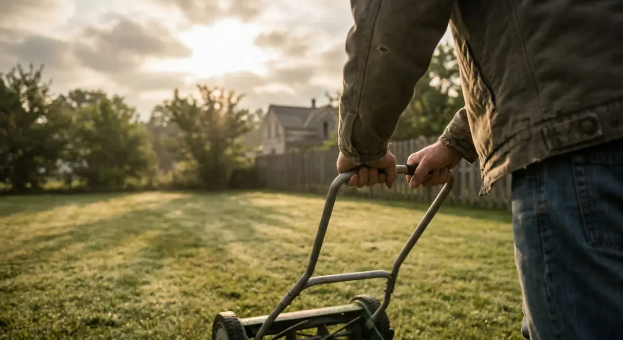 Golden-hour view of a person pushing a lawn mower across a green suburban lawn