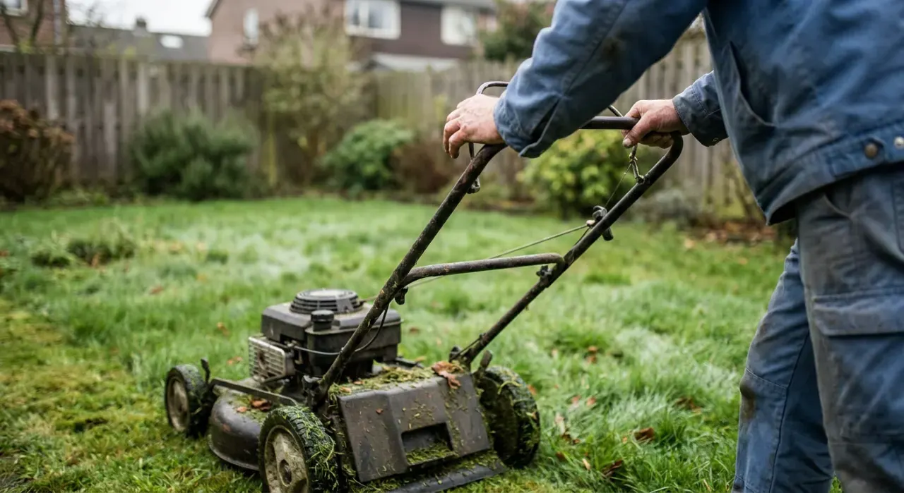 Close-up detail of the material being worked in a lawn care & mowers project, in soft overcast light