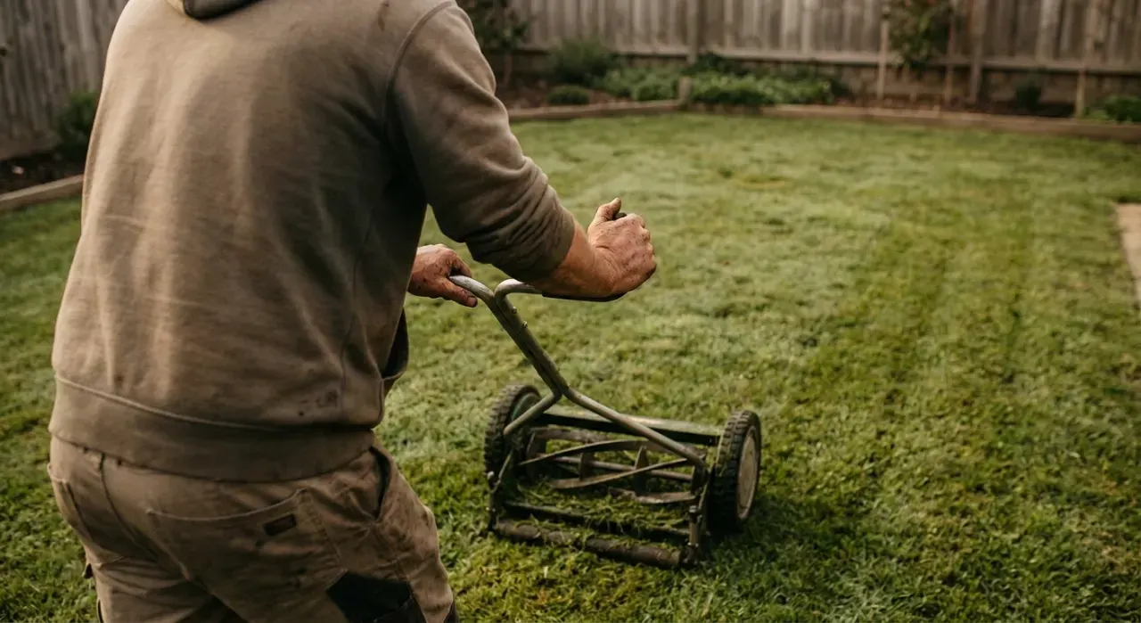Overhead view of a person pushing a lawn mower across a green suburban lawn, in soft overcast light