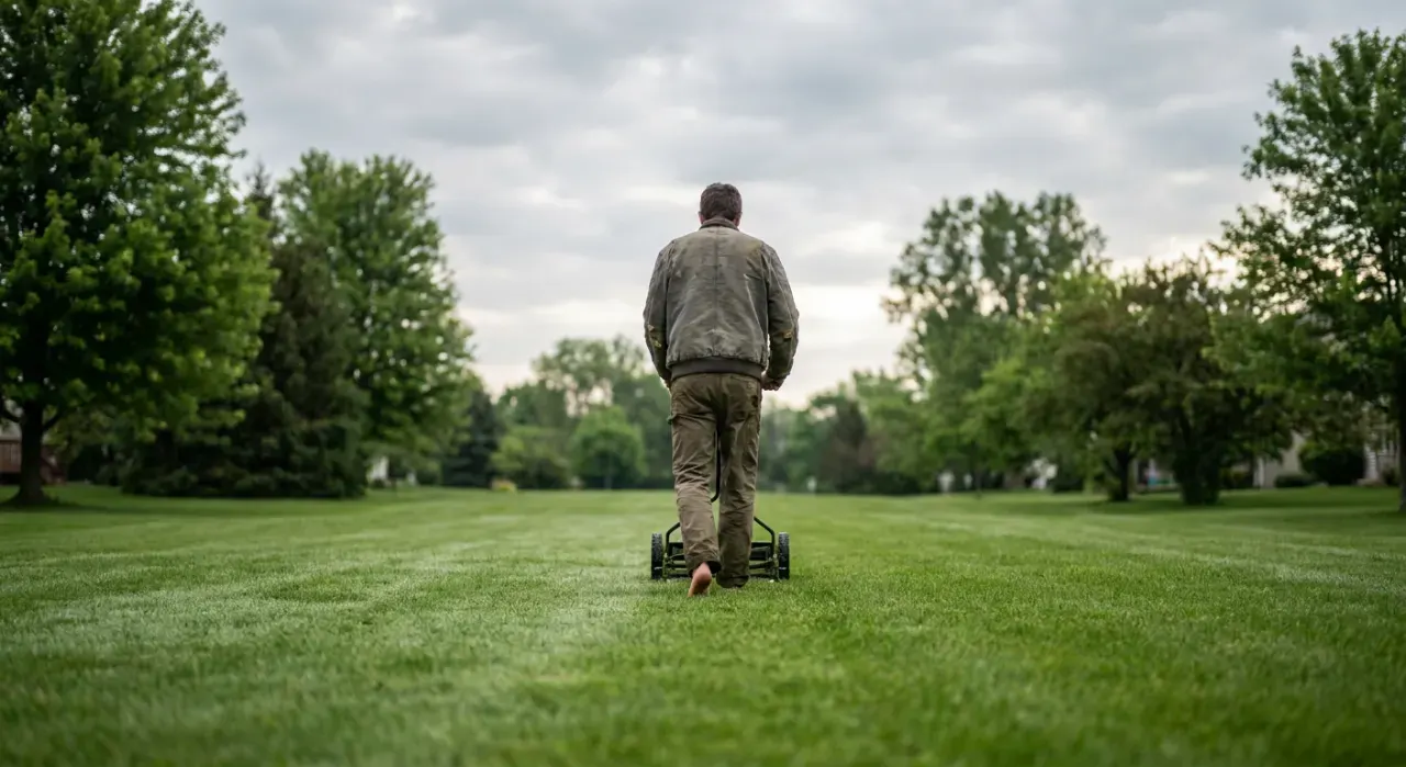Wide environmental view of a person pushing a lawn mower across a green suburban lawn, in soft overcast light