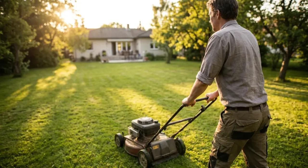 Wide view of a person pushing a lawn mower across a green suburban lawn, in warm late-afternoon light