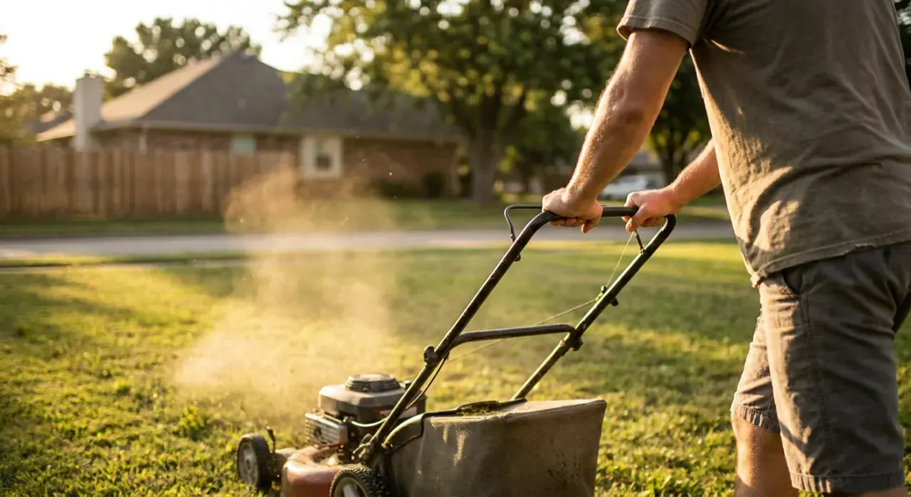 Over-the-shoulder view of a person pushing a lawn mower across a green suburban lawn, in warm late-afternoon light