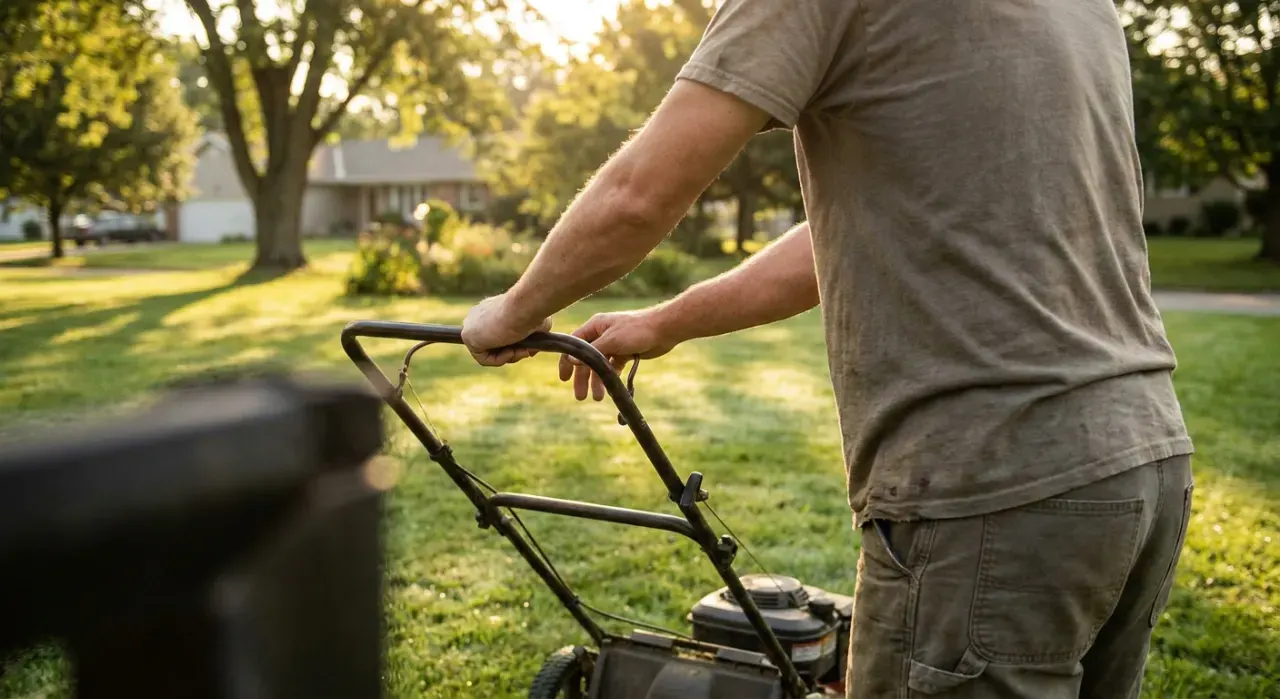 Three-quarter view of a person pushing a lawn mower across a green suburban lawn, in warm late-afternoon light