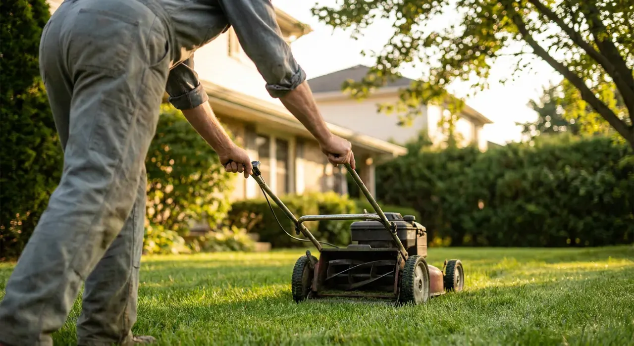 Low-angle view of a person pushing a lawn mower across a green suburban lawn, in warm late-afternoon light
