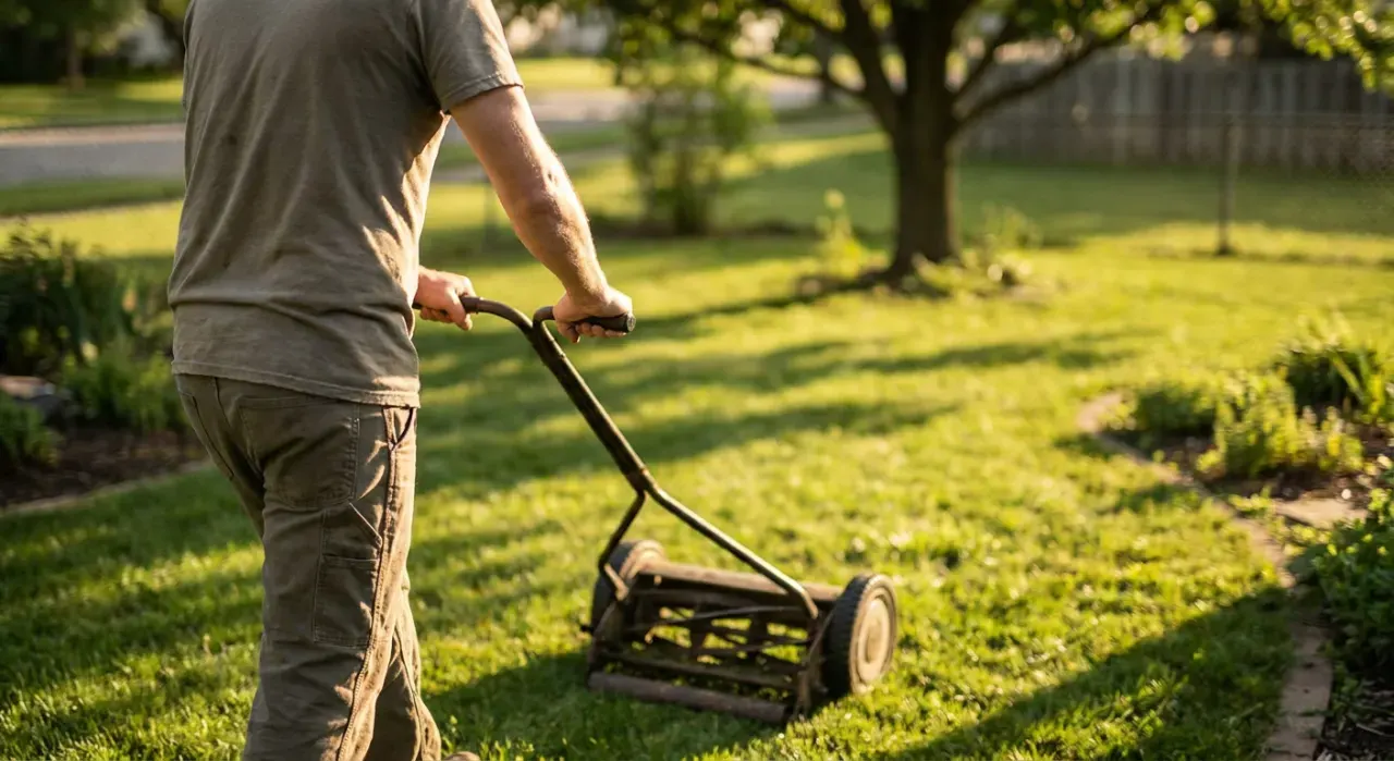 Golden-hour view of a person pushing a lawn mower across a green suburban lawn