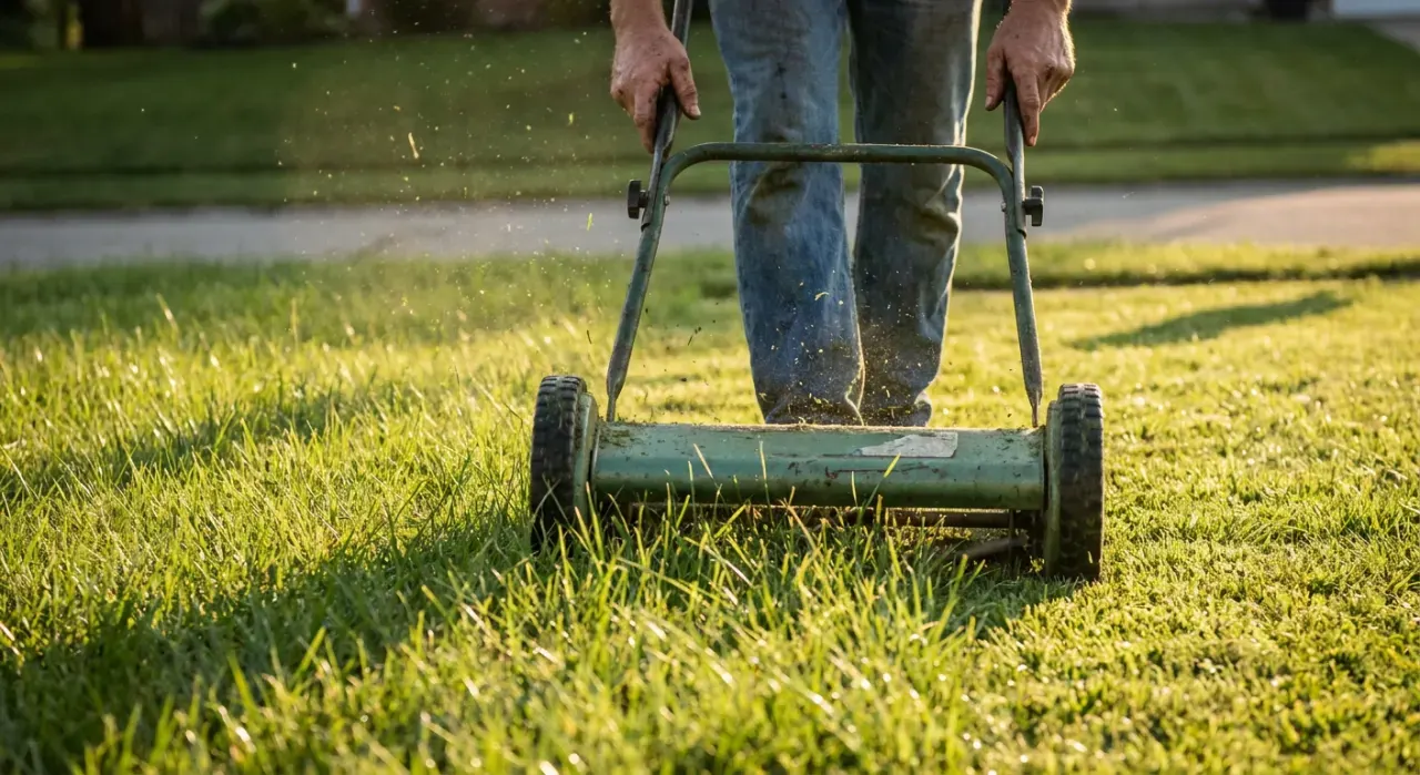 Close-up detail of the material being worked in a lawn care & mowers project, in warm late-afternoon light