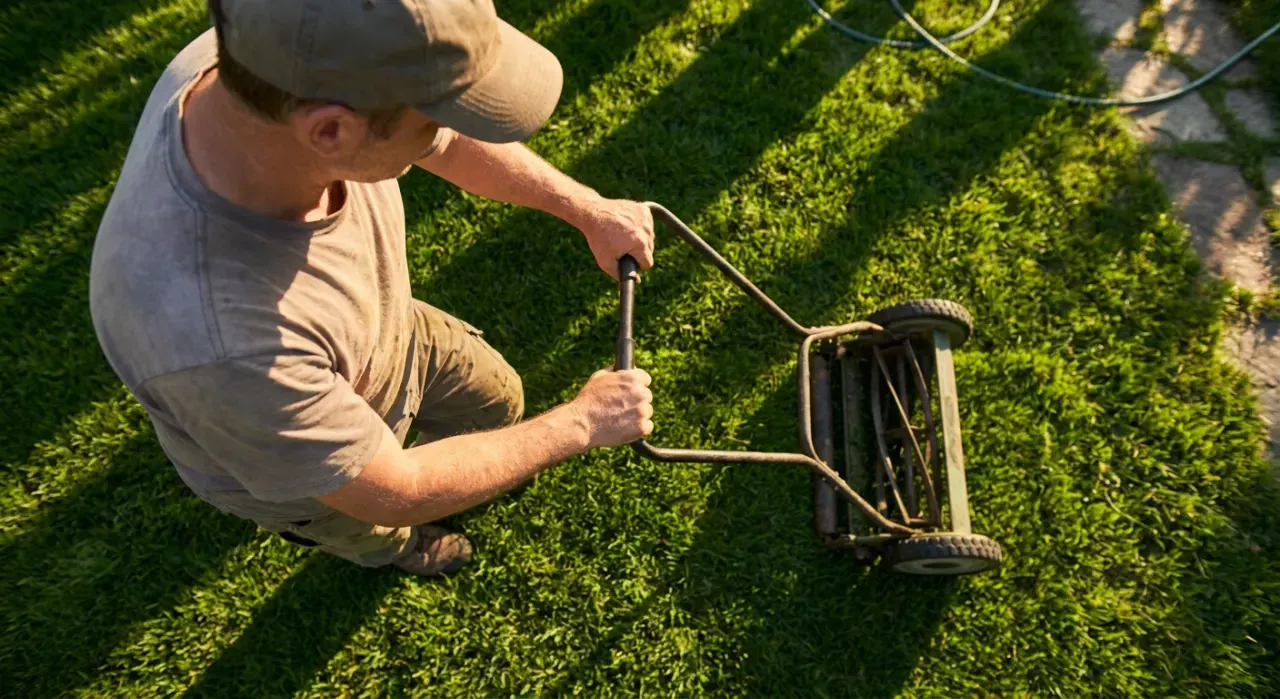 Overhead view of a person pushing a lawn mower across a green suburban lawn, in warm late-afternoon light