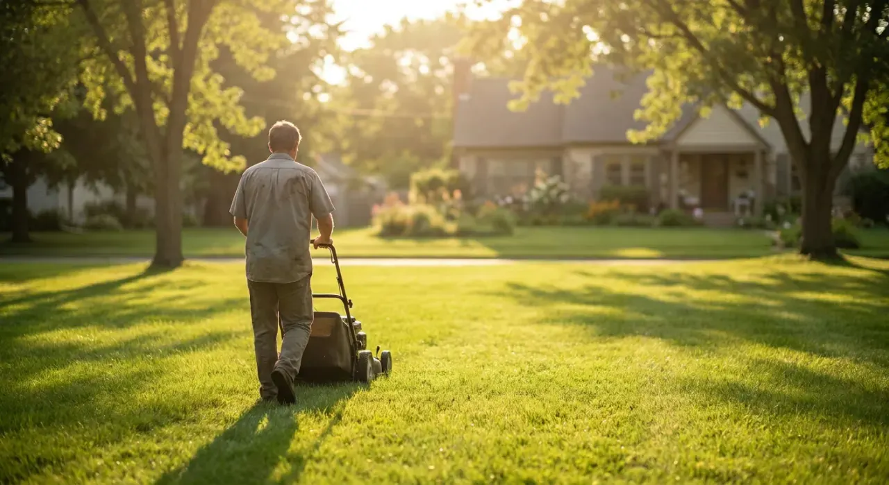Wide environmental view of a person pushing a lawn mower across a green suburban lawn, in warm late-afternoon light