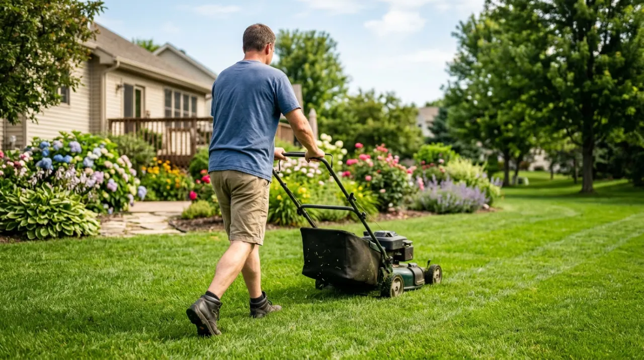 Wide view of a person pushing a lawn mower across a green suburban lawn, in warm evening lamplight