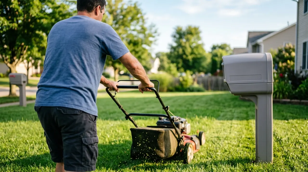 Over-the-shoulder view of a person pushing a lawn mower across a green suburban lawn, in warm evening lamplight