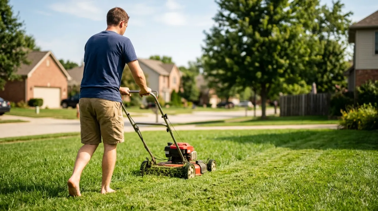 Three-quarter view of a person pushing a lawn mower across a green suburban lawn, in warm evening lamplight