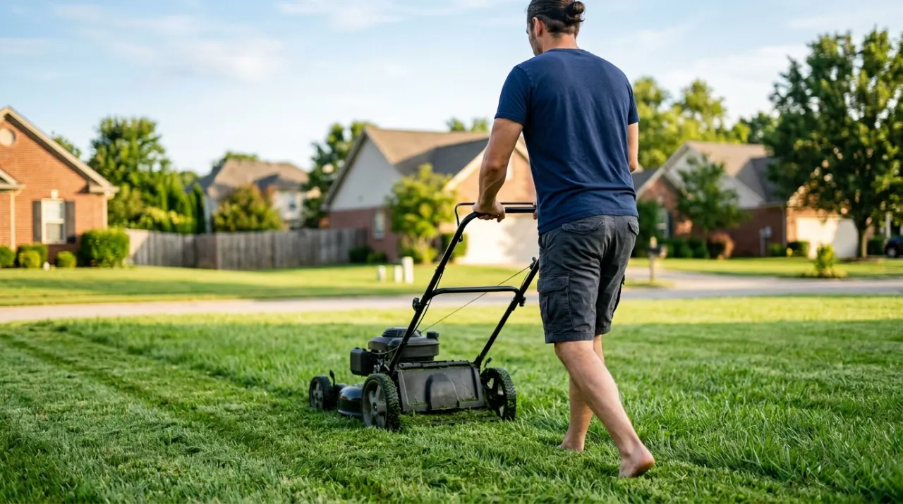 Low-angle view of a person pushing a lawn mower across a green suburban lawn, in warm evening lamplight