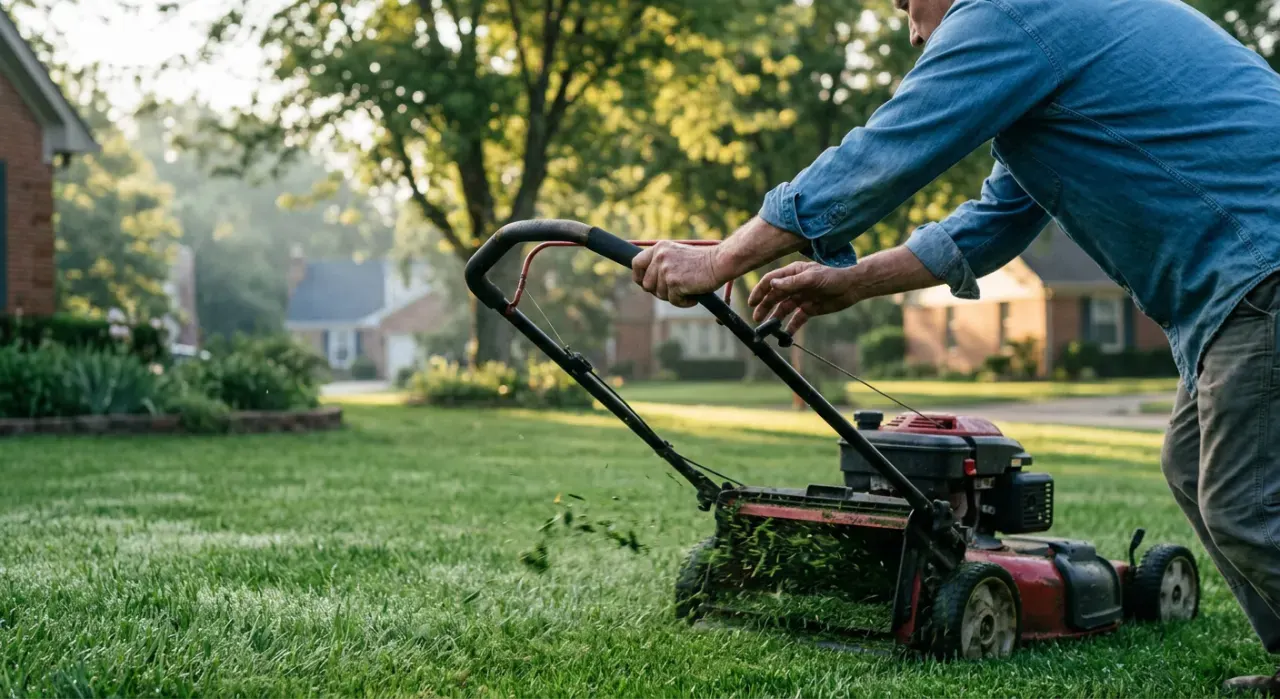 Low-angle view of a person pushing a lawn mower across a green suburban lawn, in soft early-morning light