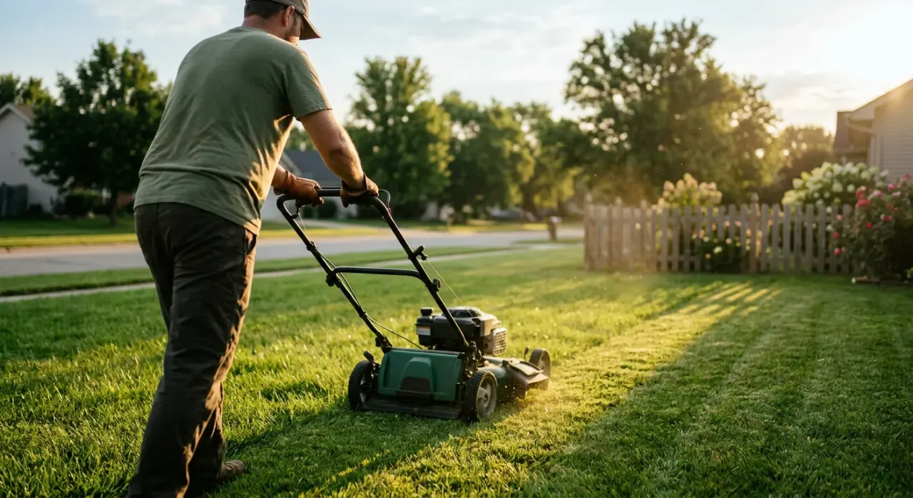 Golden-hour view of a person pushing a lawn mower across a green suburban lawn