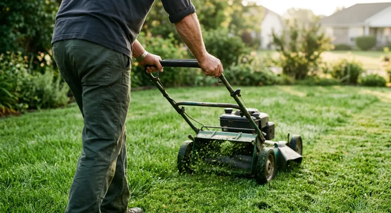 Close-up detail of the material being worked in a lawn care & mowers project, in soft early-morning light