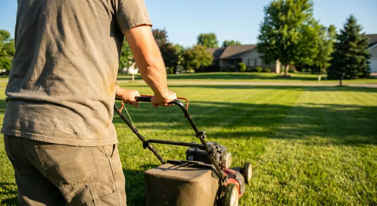 Wide view of a person pushing a lawn mower across a green suburban lawn, in bright midday sun