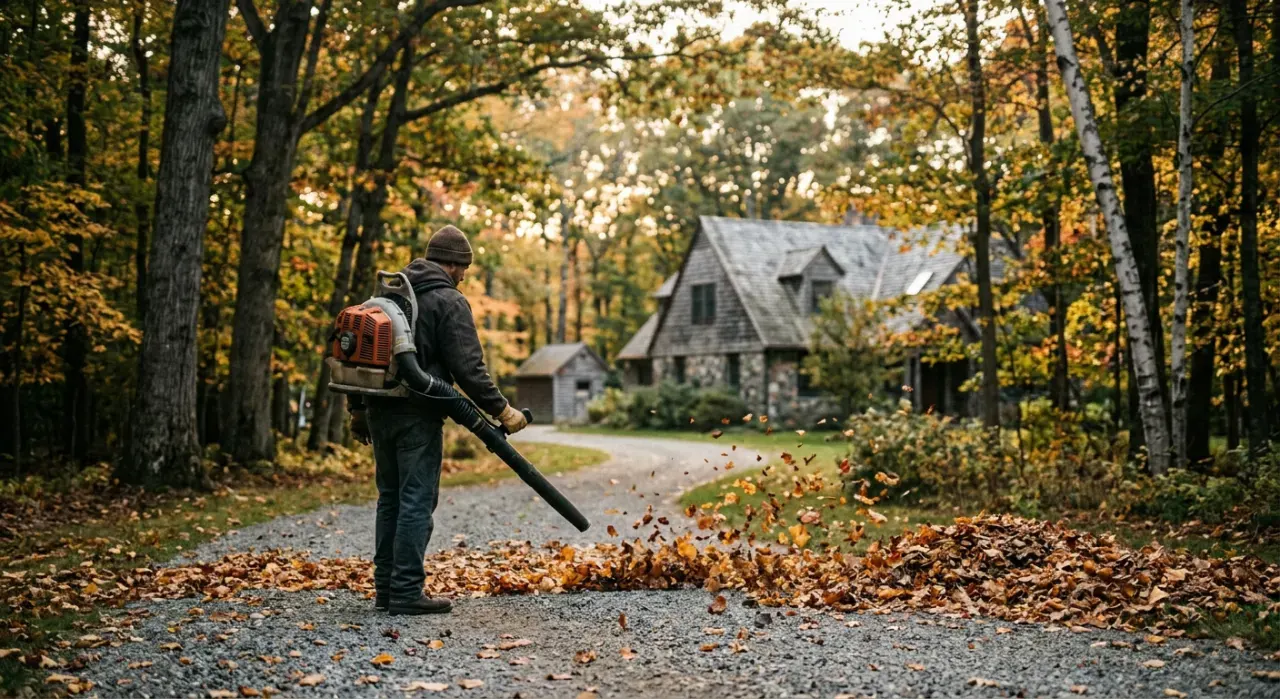 Wide view of a person clearing autumn leaves from a driveway with a blower, in soft early-morning light