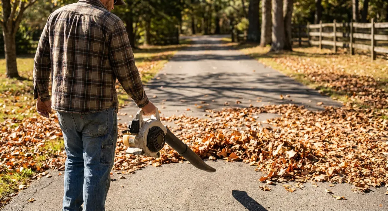 Three-quarter view of a person clearing autumn leaves from a driveway with a blower, in bright midday sun