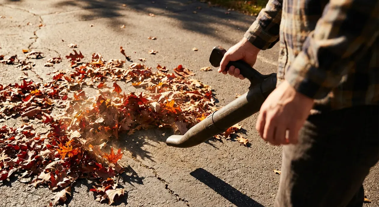 Close-up detail of the material being worked in a leaf blowers & yard cleanup project, in bright midday sun