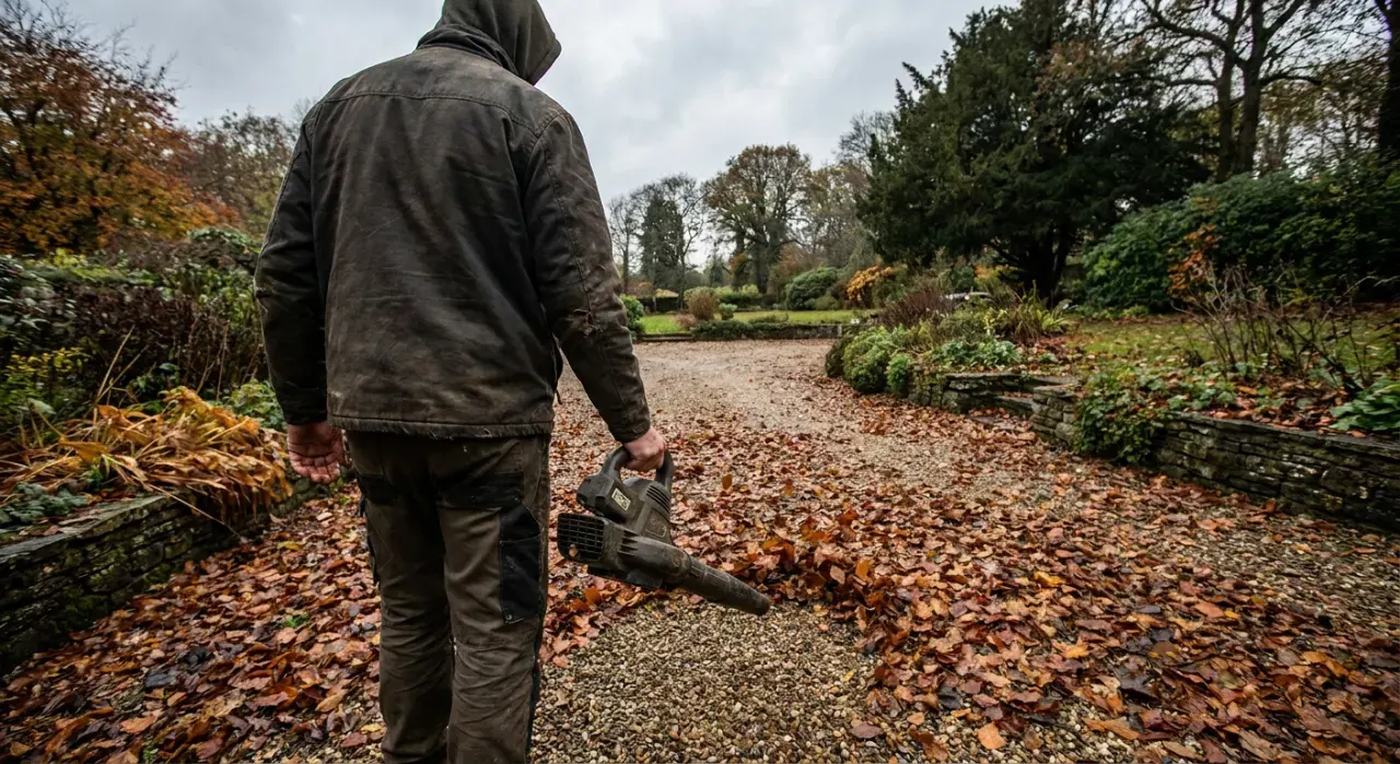 Wide view of a person clearing autumn leaves from a driveway with a blower, in soft overcast light