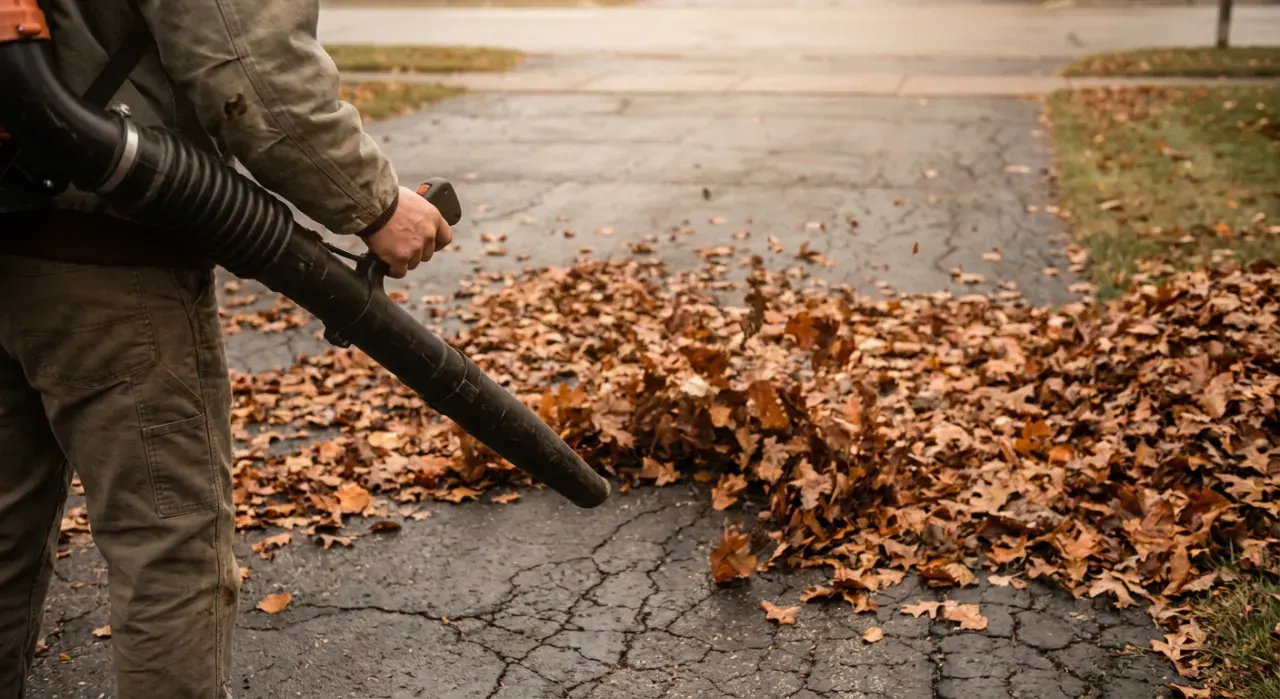 Over-the-shoulder view of a person clearing autumn leaves from a driveway with a blower, in soft overcast light