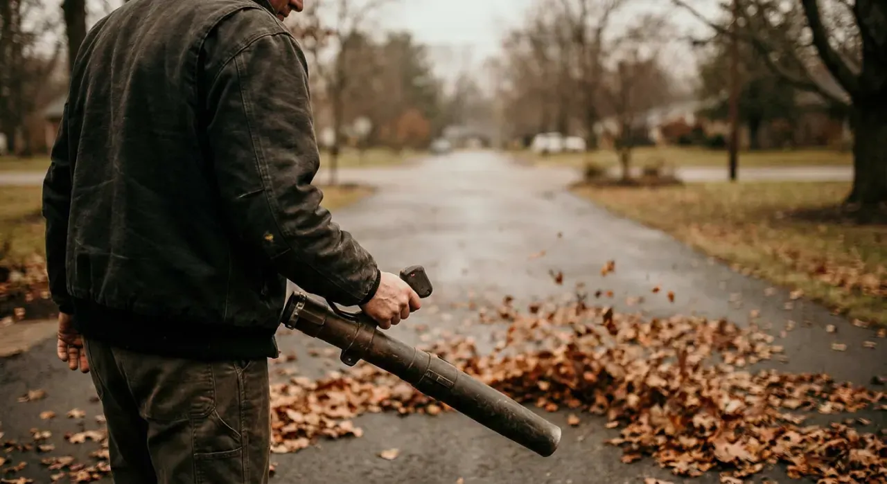 Three-quarter view of a person clearing autumn leaves from a driveway with a blower, in soft overcast light