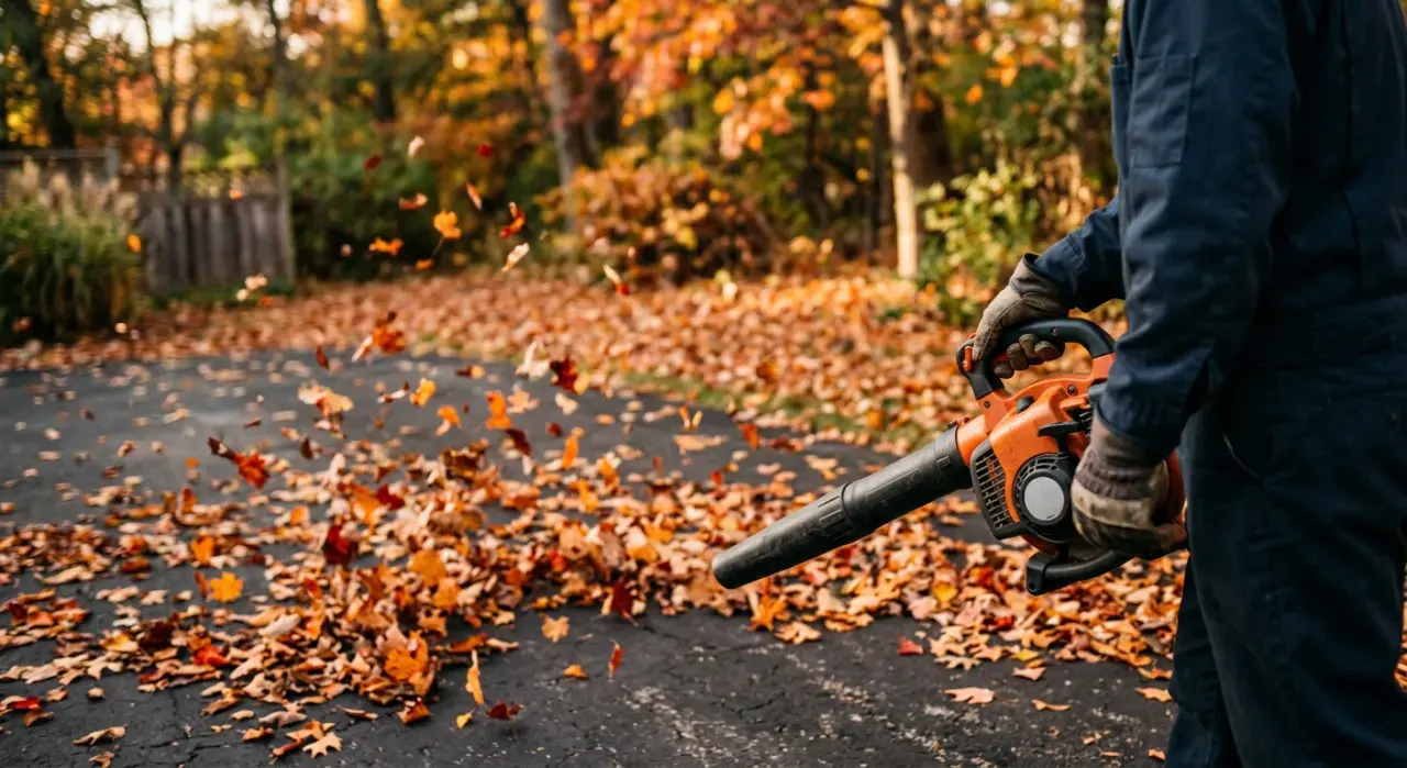 Over-the-shoulder view of a person clearing autumn leaves from a driveway with a blower, in soft early-morning light