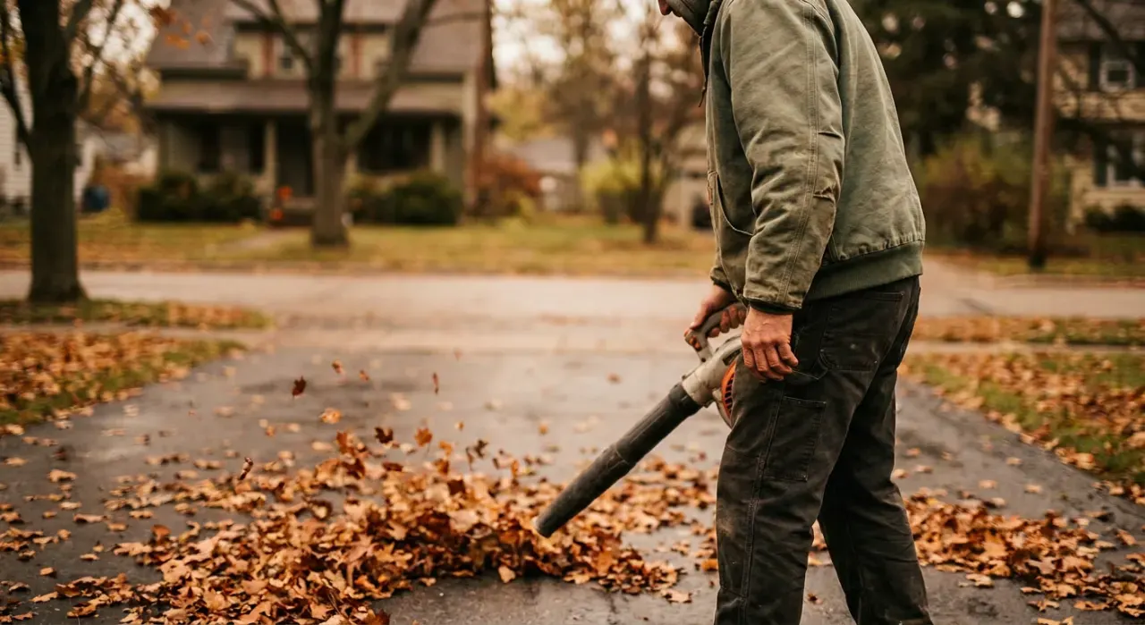 Low-angle view of a person clearing autumn leaves from a driveway with a blower, in soft overcast light