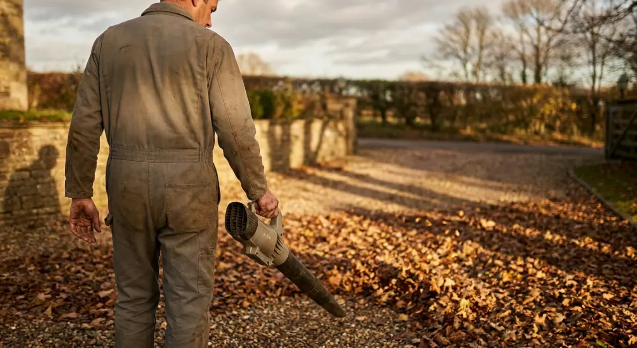 Golden-hour view of a person clearing autumn leaves from a driveway with a blower